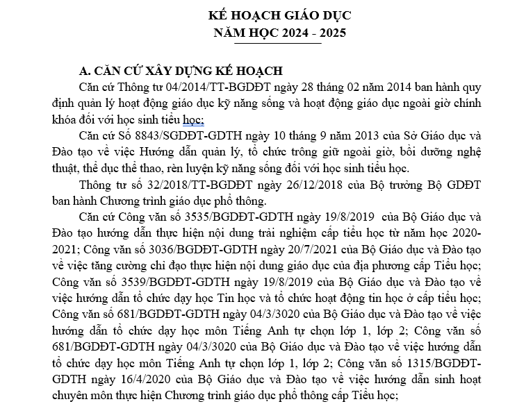 Kế hoạch giáo dục năm học 2024-2025